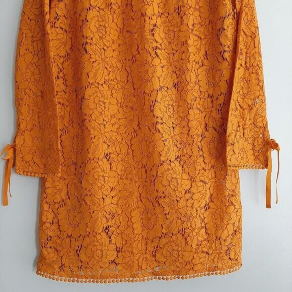 H&M / Floral Lace Pom-Pom Trim Long Sleeve Knee Length Dress Mustard Yellow Sz S - Picture 5 of 16